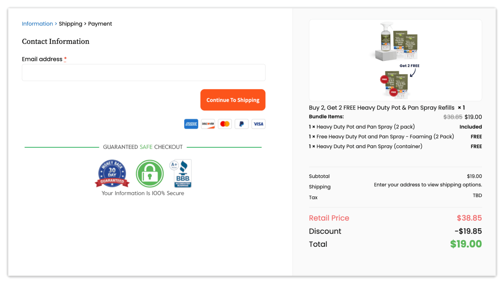 truly free Pot And Pan Spray checkout page